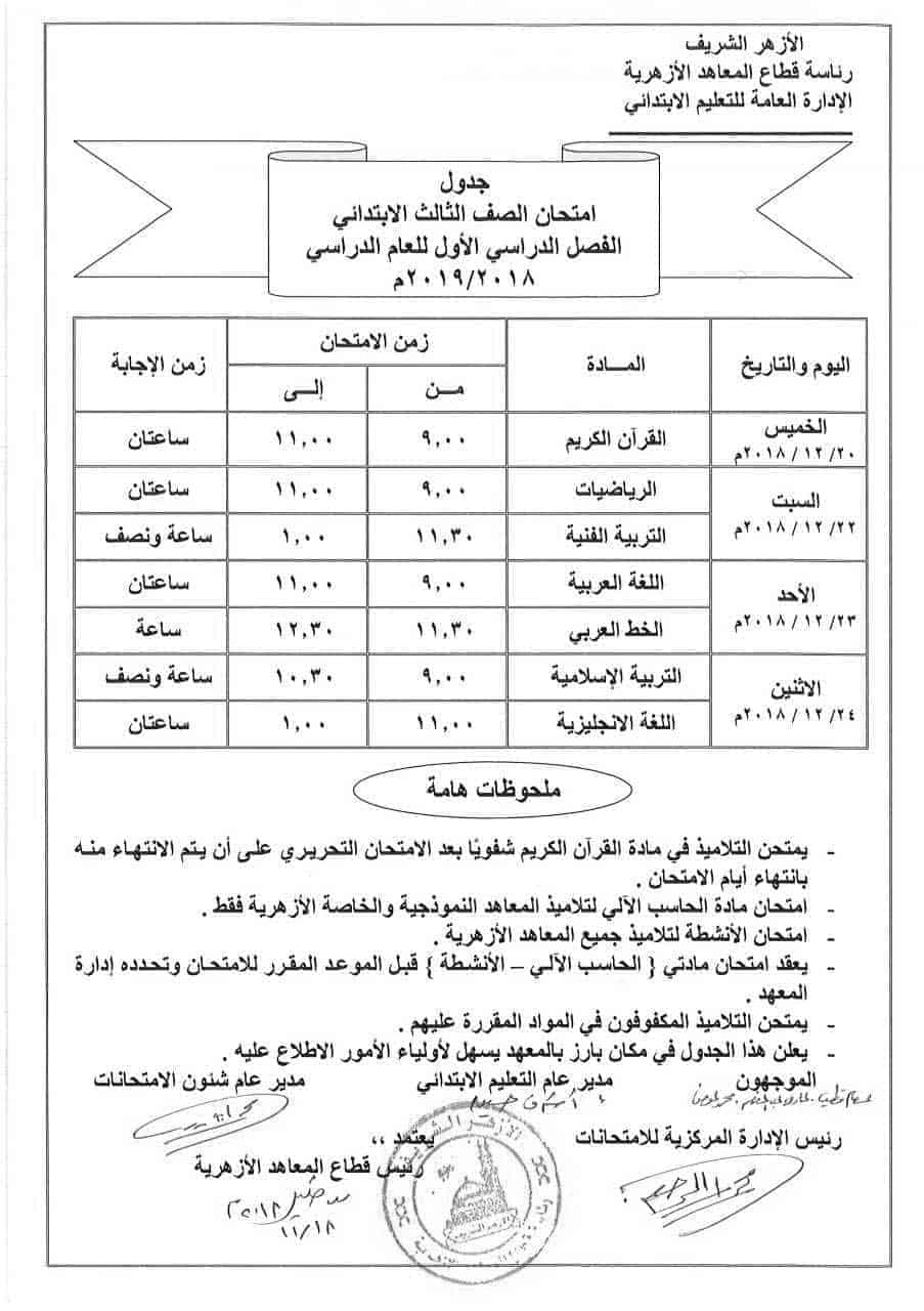 جدول امتحانات الصف الثالث الأزهري