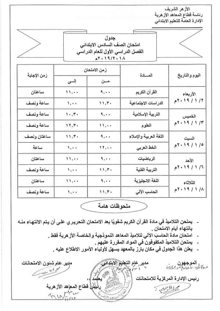 جدول امتحانات الصف السادس الابتدائي الأزهري