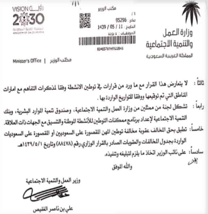 قرار وزير العمل و التنمية الاجتماعية رقم 95296 القاضي بتوطين منافذ البيع في 12 نشاطا اقتصاديا